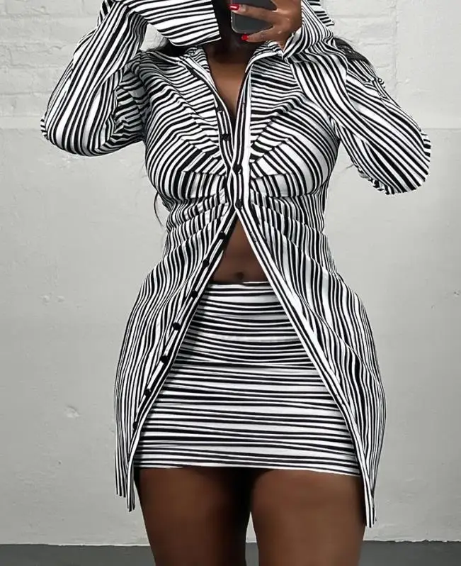 Sexy Women's Skirt Set Striped Print Bodycon Ruched Turn-Down Collar Button Long Sleeve Top & High Waist Skinny Mini Skirts Set