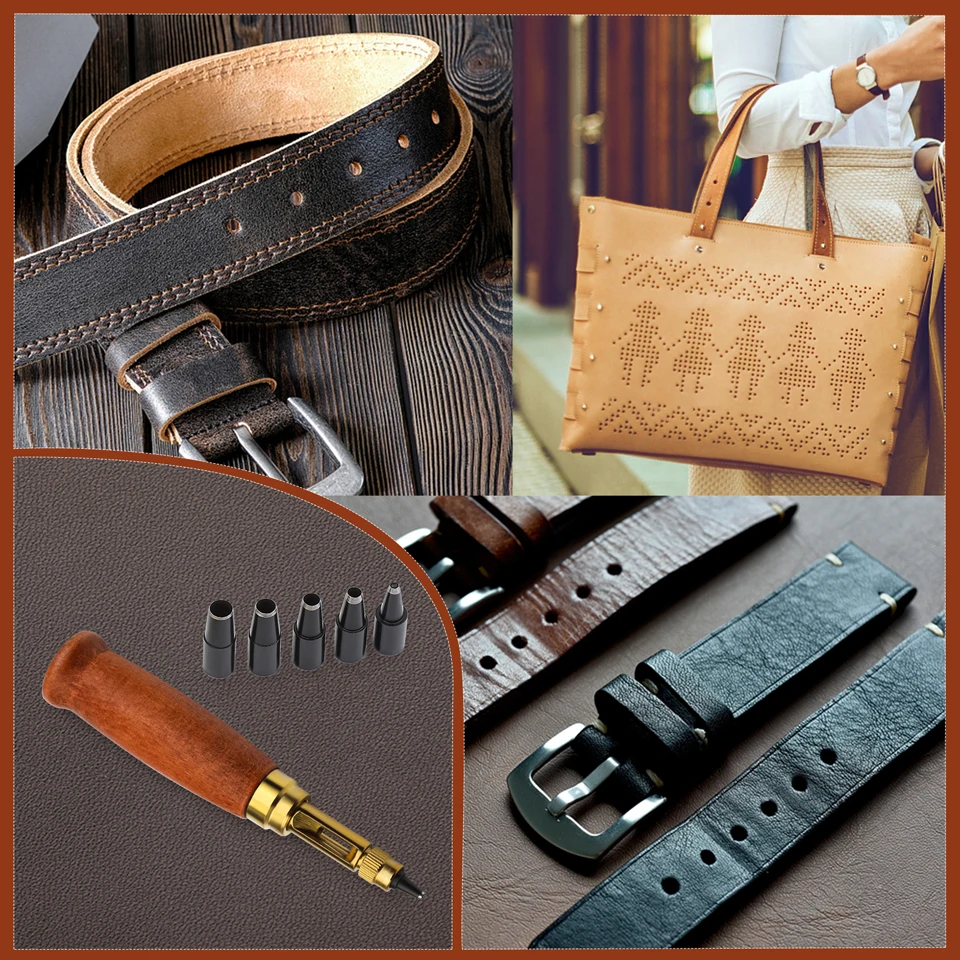 

6 Tip Sizes Adjustable Japanese Screw Hole Punch Leather Paper Craft Belt Hole Puncher Wood Handle Bookbinding Tool