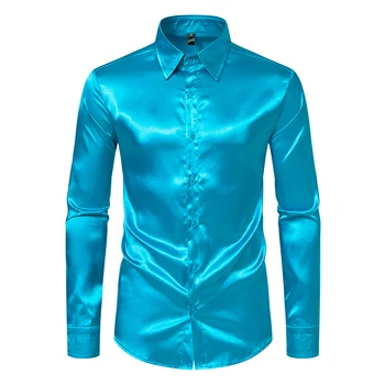 Men's Black Satin Luxury Dress Shirts Fashion Silk Smooth Tuxedo Shirt Solid Wedding Party Prom Casual Shirt Business Office 4