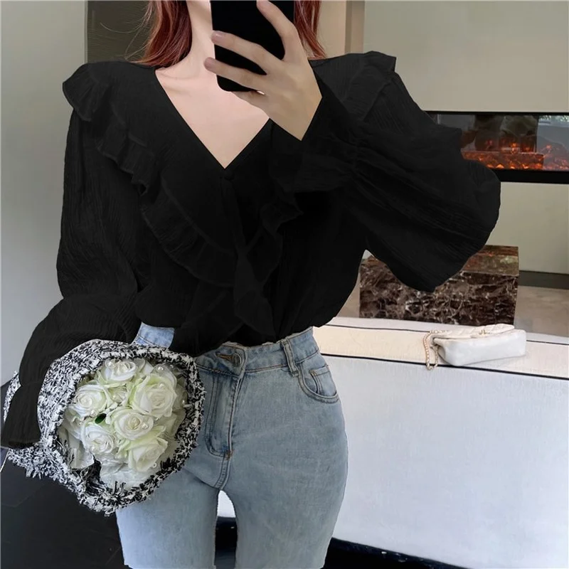 Long Sleeve Ruffled Chiffon Shirt Off The Shoulder One Slim Fit Crop Top Sexy Trumpet   Fungus Lace Up Blouse Retro