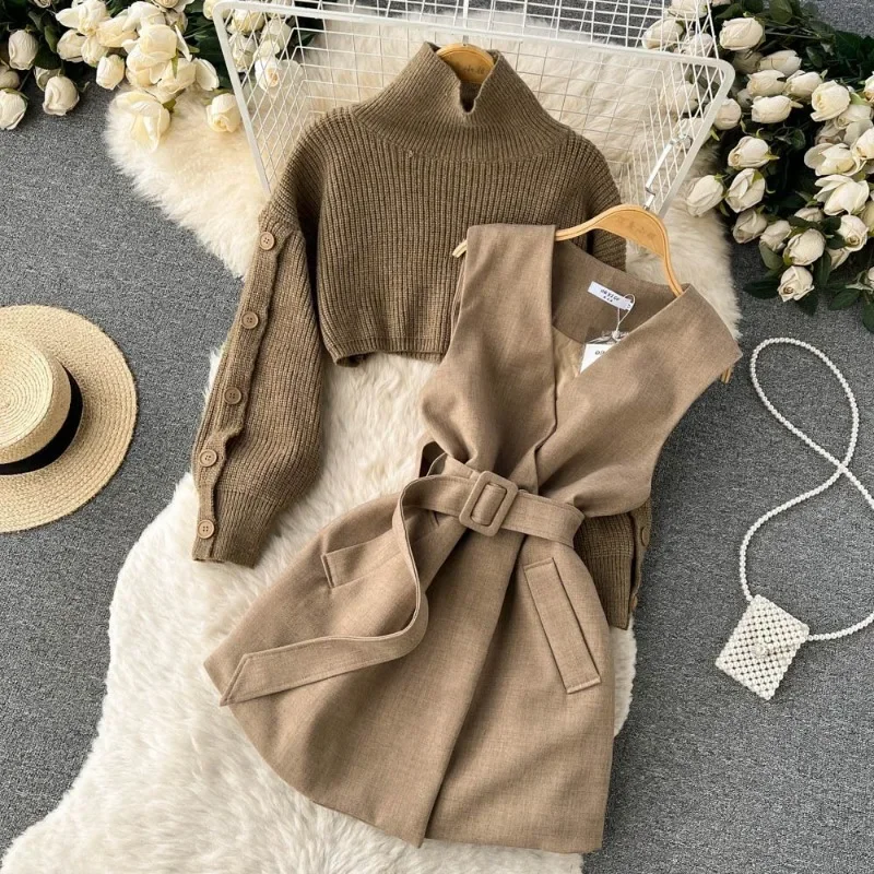 Hikigawa Chic Fashion Turtleneck Knitted Women Pullovers +Slim All Match Solid Bandage Skirts Spring New 2 Set Ropa Mujer