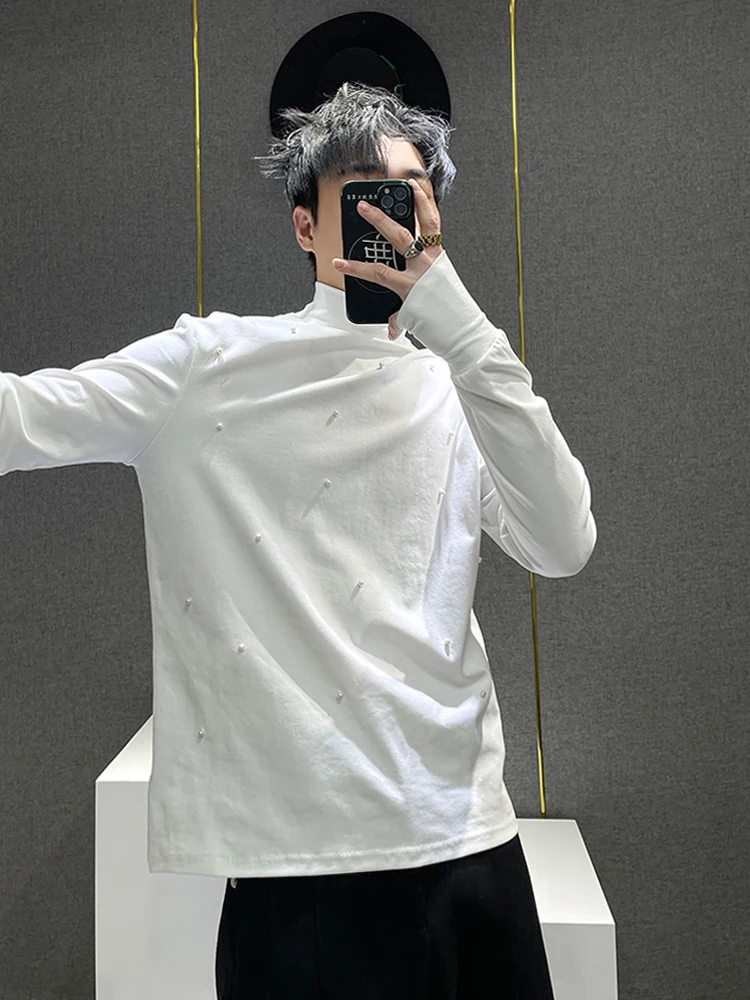 Men's 2024 Autumn New Tees Pearl Decorative Long-sleeve Chic T-shirts Men's Versatile Slim-fit Semi-turtleneck Bottoming Shirts