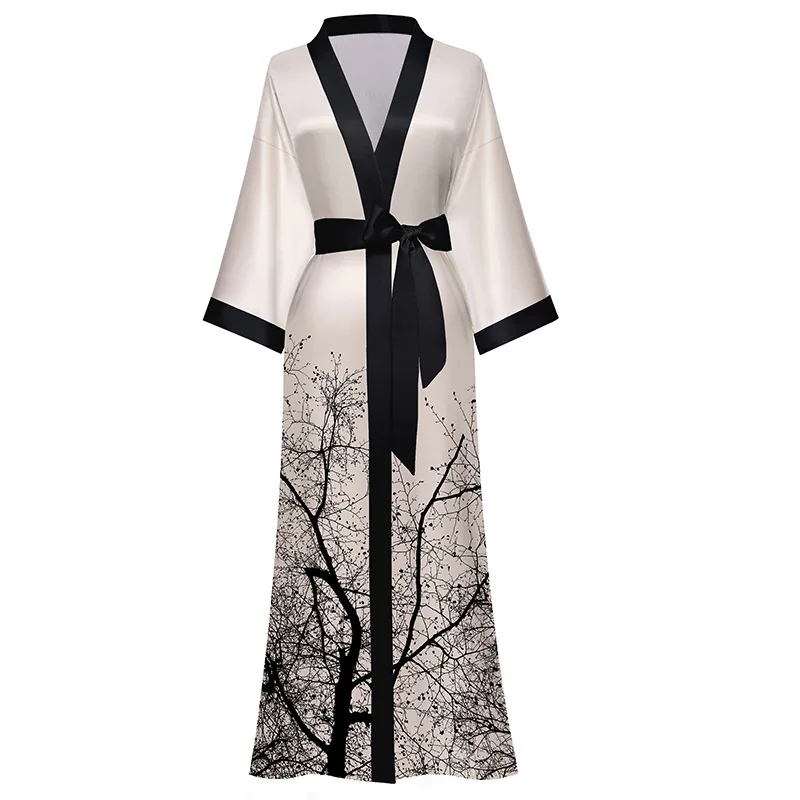 High Quality Satin Pajamas Women Summer Large Size Seven-quarter Sleeves Cool Long Nightgowns Female Ice Silk Bathrobes Ladies