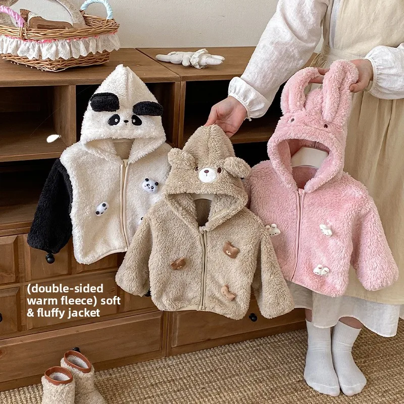 Children's Double-sided Velvet Jacket 2025 New Winter Girls' Super Cute Thick Jacket Boys Hooded Doll Fur Sweater