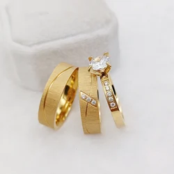 Conjuntos de anillos de compromiso de boda de 3 piezas para hombres y mujeres Anillo de matrimonio de joyería chapado en oro de 24 quilates