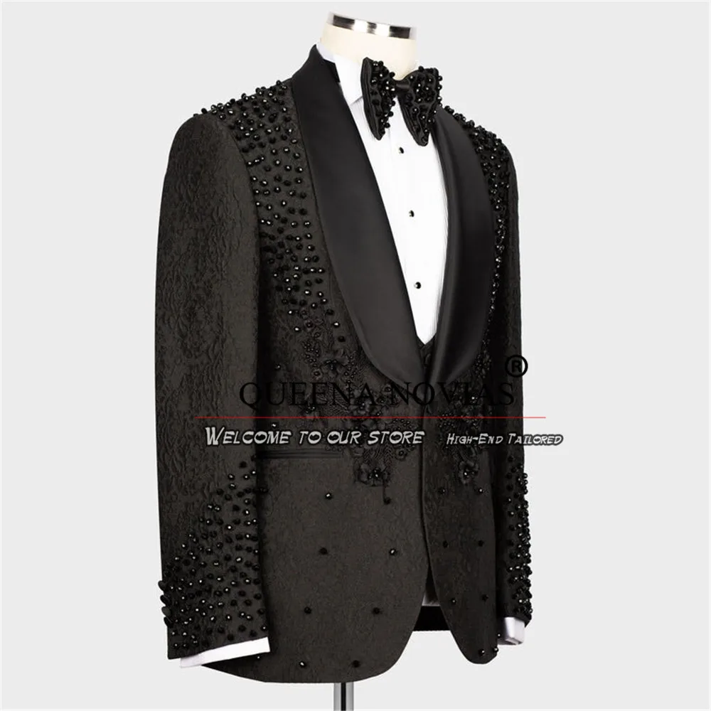 Elegante Jacquard Boy Anzüge für Hochzeit maßge schneiderte Perlen Applikationen Jacke Weste Hosen 3 Stück Kinder Smoking formelle Party kleid