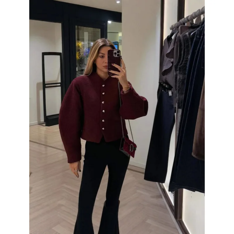 

Стильное короткое бордовое красное пальто в стиле ретро, весенняя мода, повседневная одежда, женская верхняя одежда в европейском и американском уличном стиле