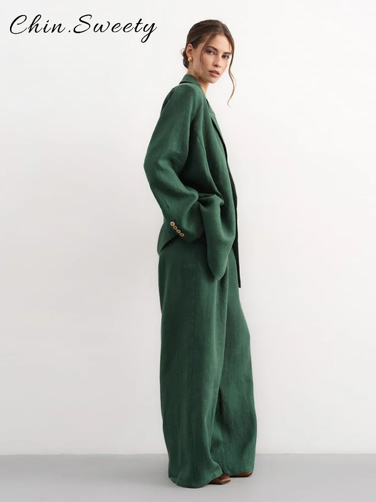 

Chic Suits Jackets Trousers Sets Women Loose Solid Lapel Full Sleeve Double Buckle Jacket Wide Leg Pant 2025 Lady Street Suit