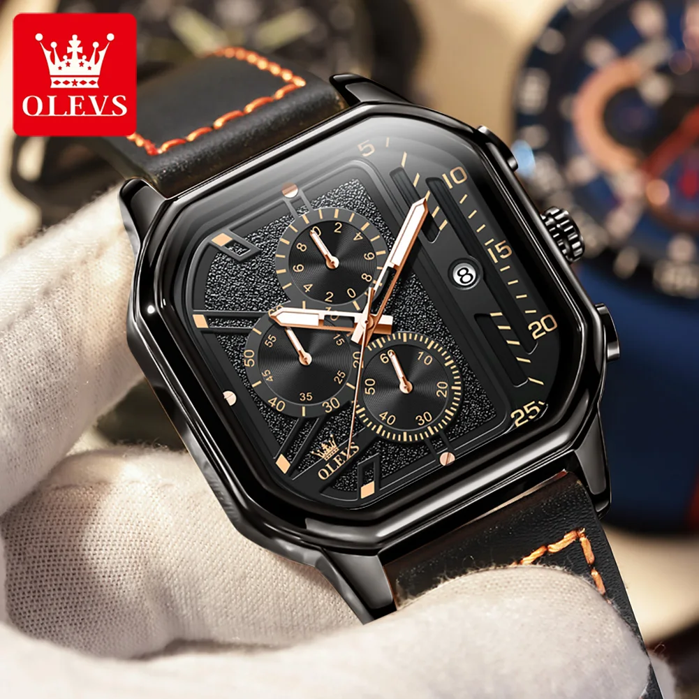 

OLEVS Top Brand New Luxury Quartz Watch for Men Leather Strap Waterproof Luminous Date Chronograph Sport Square Wristwatch