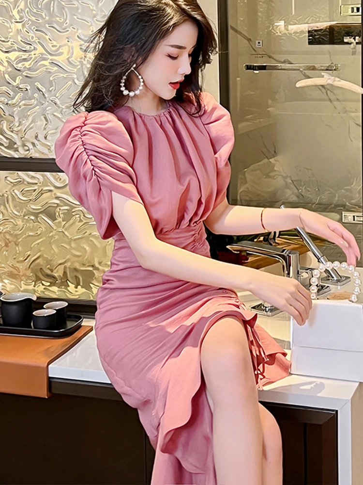 Summer Midi Dresses for Women 2023 Elegant Gentle Pink Korean Satin Puff Sleeve Drawstring Ruffles Robe Party Vestidos Mujer