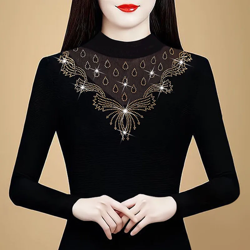 

Элегантная модная женская рубашка, осенне-зимняя футболка с высоким воротником и длинными рукавами, тонкая лоскутная футболка с черными бриллиантами