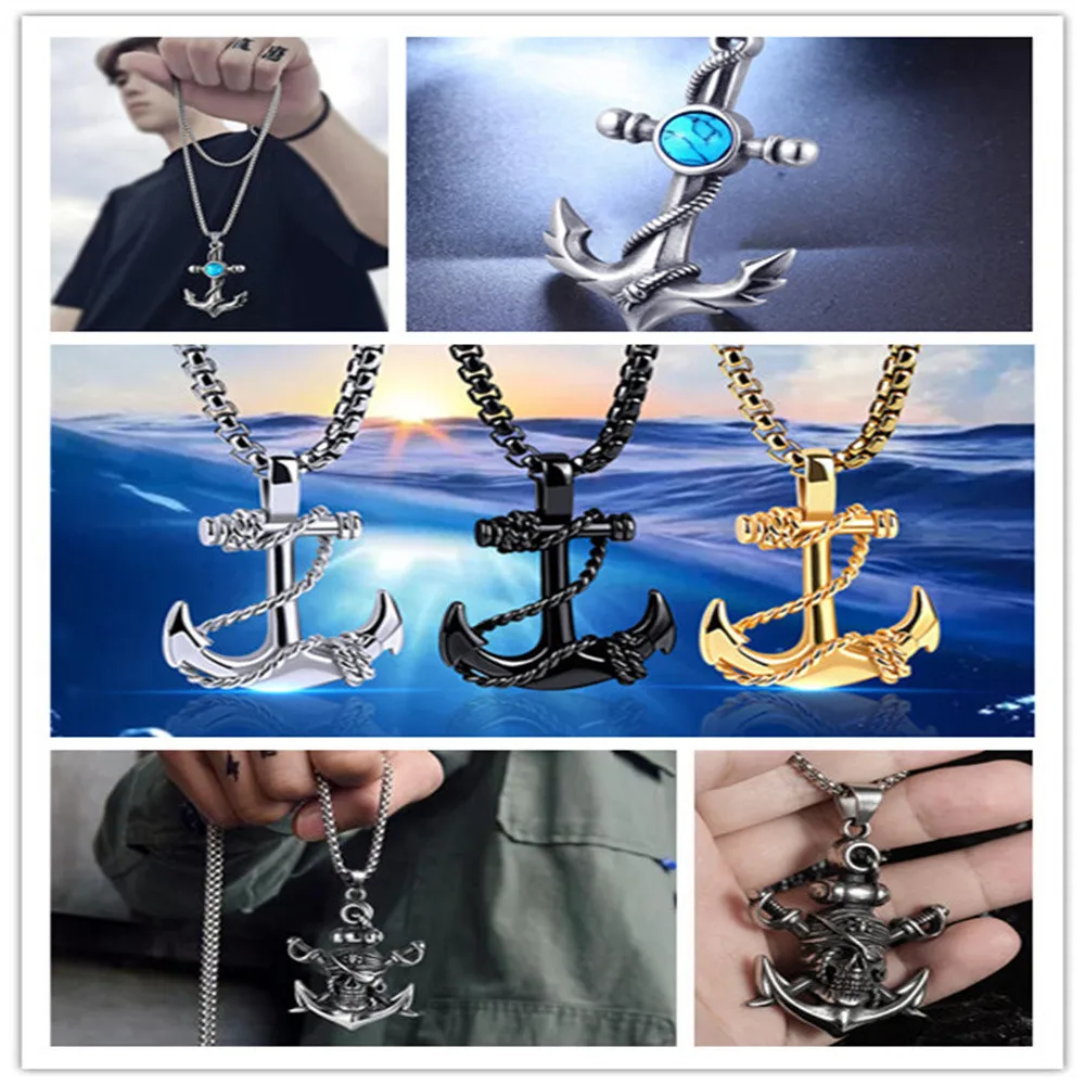 Wu\'s 2022 Double Sword Pirate Titanium Steel Necklace Retro Halloween Skull Ghost Head Anchor Necklace Imitation Turquoise Ancho