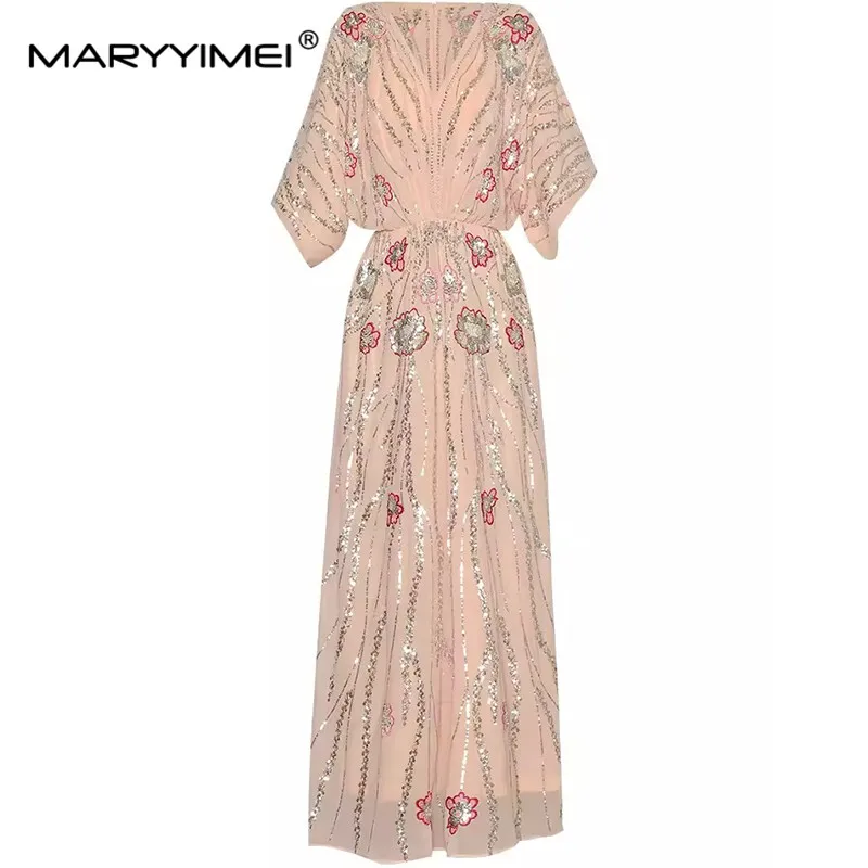 MARYYIMEI Fashion Design Spring Summer Women's Batwing V-Neck Batwing Sleeve Sequins Embroidery Beading Streetwear Dresses