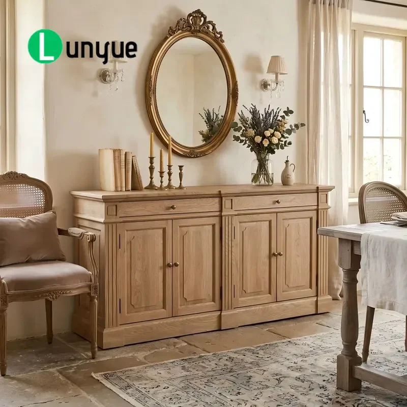French Rustic Antique Solid Wood Buffet Cabinet Natural Oak Sideboard Storage Cupboard for Dining Room Kitchen Furniture