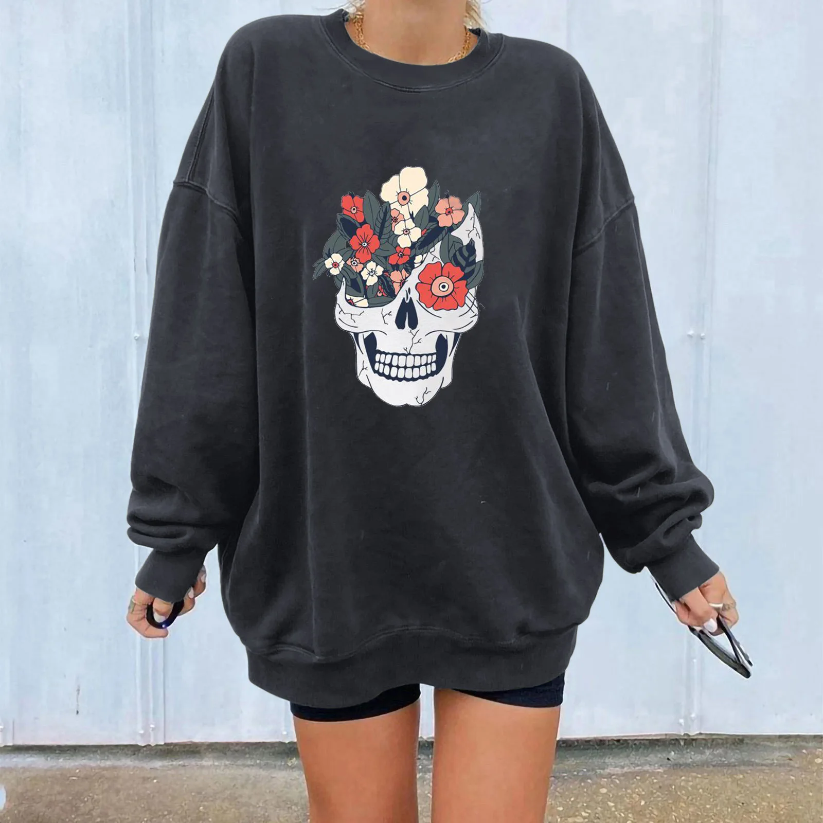 Fall Fashion Loose Women's Fashion Halloween Skull Flower Print Off Shoulder New Sweater