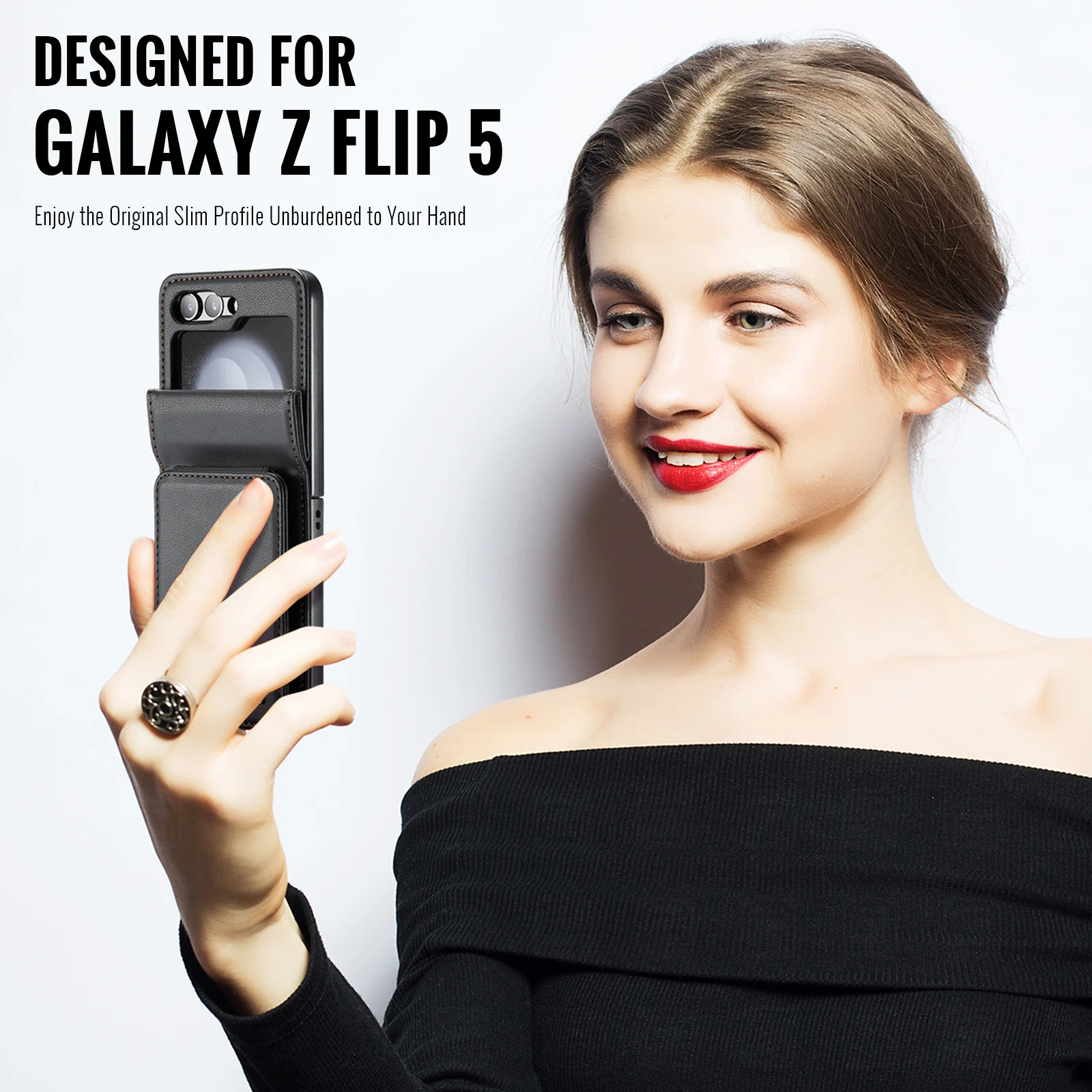 AUTSPACE Luxury Foldable Magnetic Card Bag Leather Case for Galaxy Z Flip 5 Shockproof Heavy Duty Slim Wallet Case Folding Cover