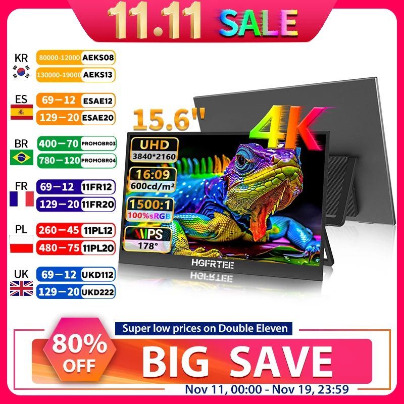

HGFRETEE 4K 15.6 inch Portable Monitor UHD 100%sRGB USB-C HDMI 600cd/m2 IPS External Display for Laptop PC Mac PS5/4 Xbox Switch