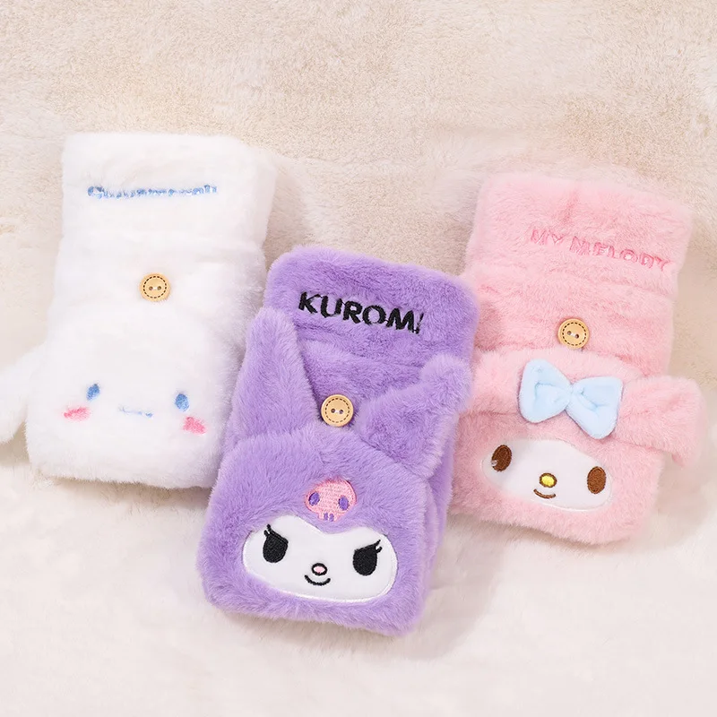 Sanrio Cute Cinnamoroll Warm Gloves for Women Windproof Anti-Cold Winter Gloves Cute Flip Cover Half-Finger Gloves