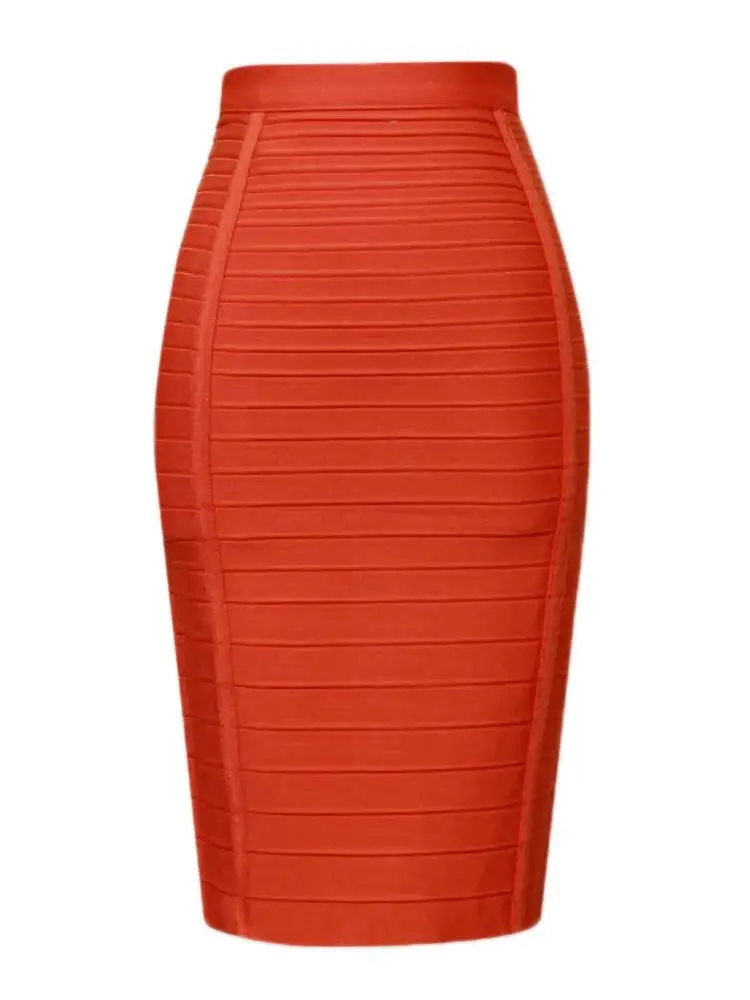 رايون جودة طبقات الأحمر البرتقالي ضمادة عالية الخصر التنانير المرأة مثير محبوك مطاطا سليم Bodycon تنّورة ملفوفة