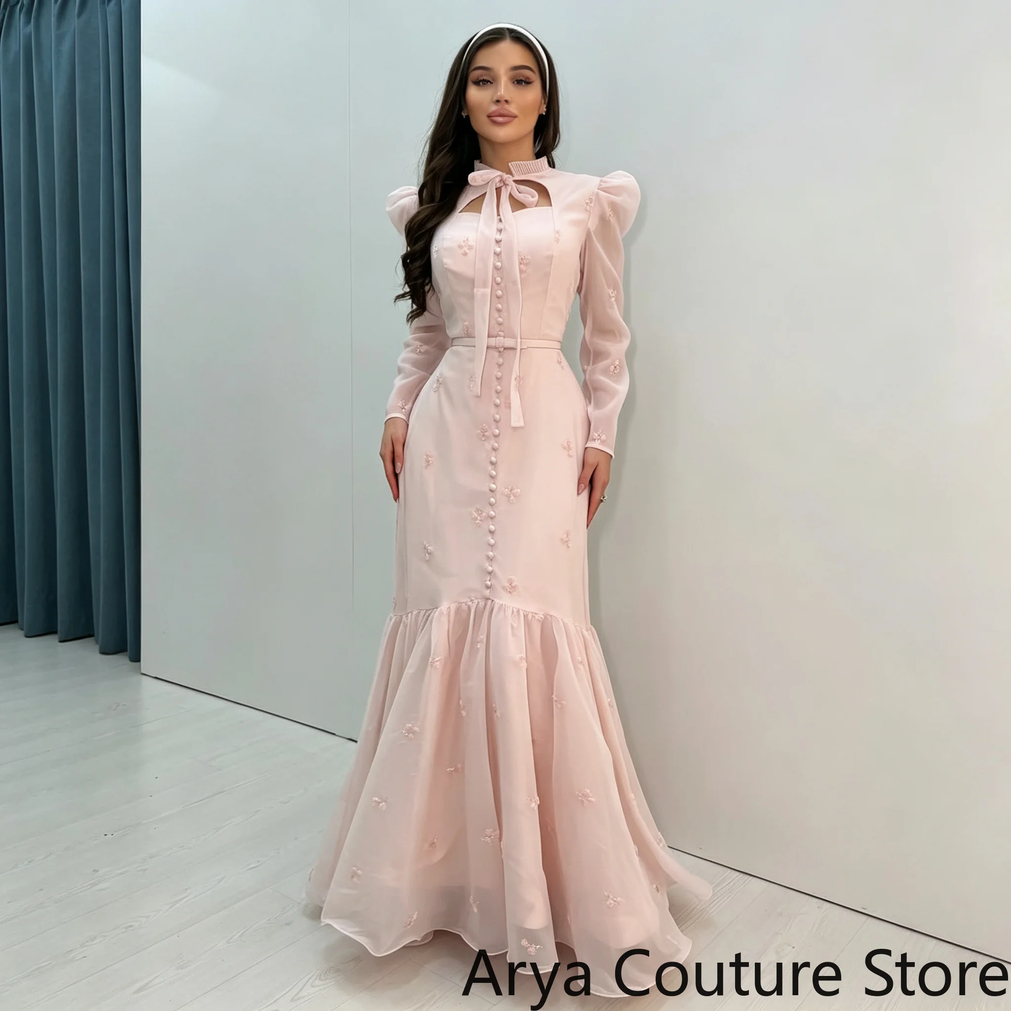 Customized Romantic Light Pink Evening Gown High Neck Bow Tie Chest Cutout Long Puff Sleeve 3D Floral Embroidery Flowy