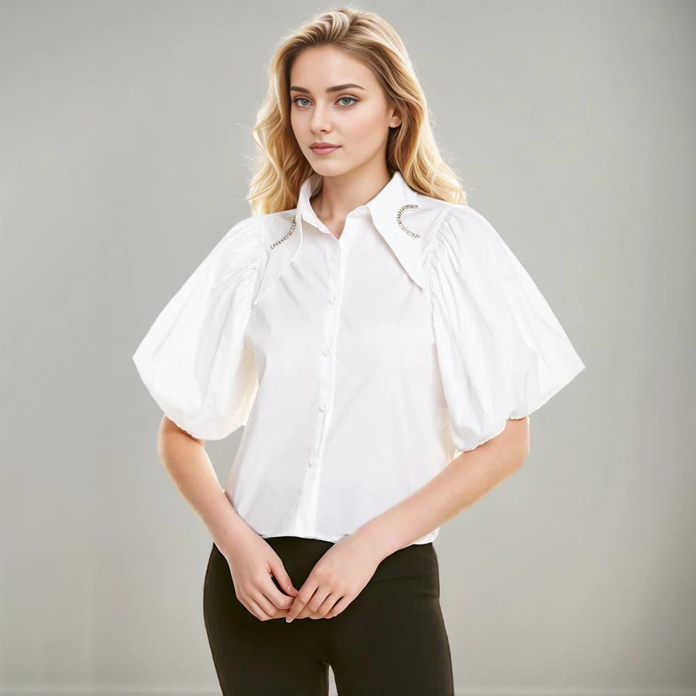 Puff Sleeve Short Shirts For Women Lapel Patchwork Diamonds Solid Loose Blouses Female Fashion Clothing Spring 2024 New