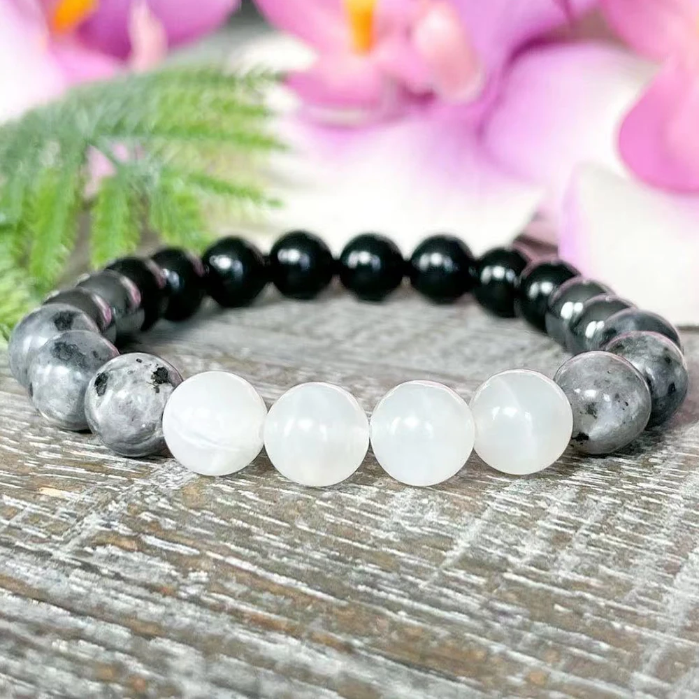 

MG1889 8 MM Moonstone Labradorite Hematite Black Tourmaline Bracelet Womens Gemstone Crown Chakra Wrist Mala Yoga Jewelry