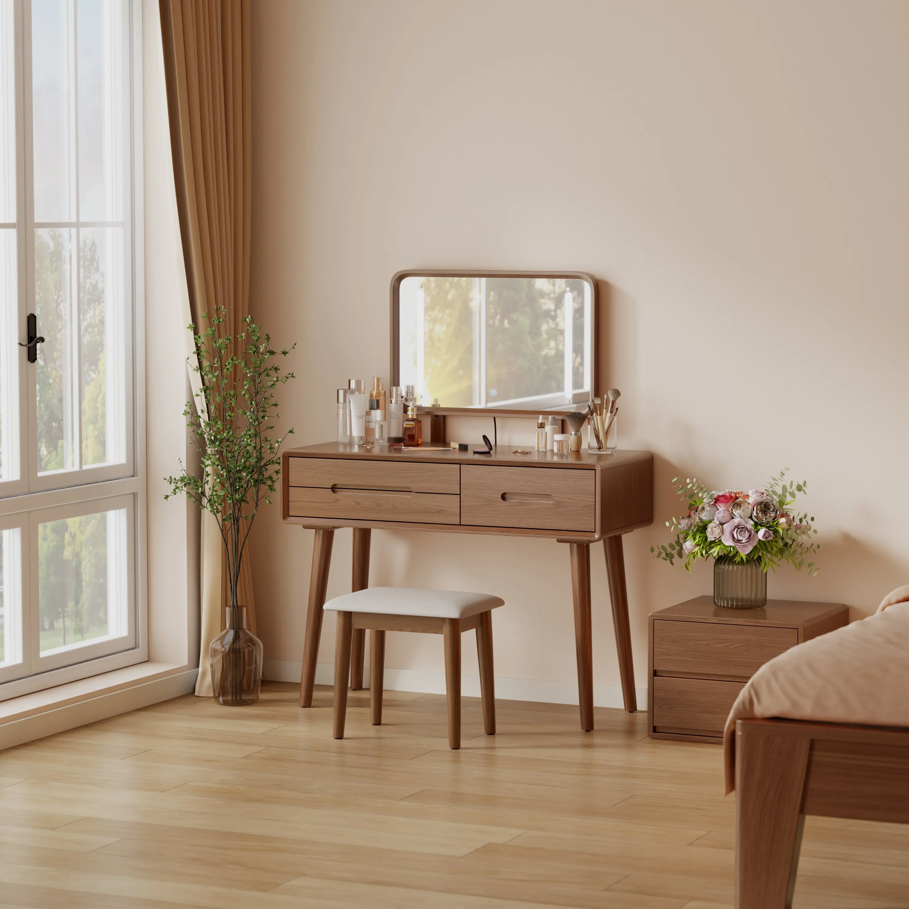 US Stock Modern Solid Wood Vanity Mirror With Adjustable Brightness 3 Drawers Semi-Assembled Desk For Bedroom Vanity Desk SZT005
