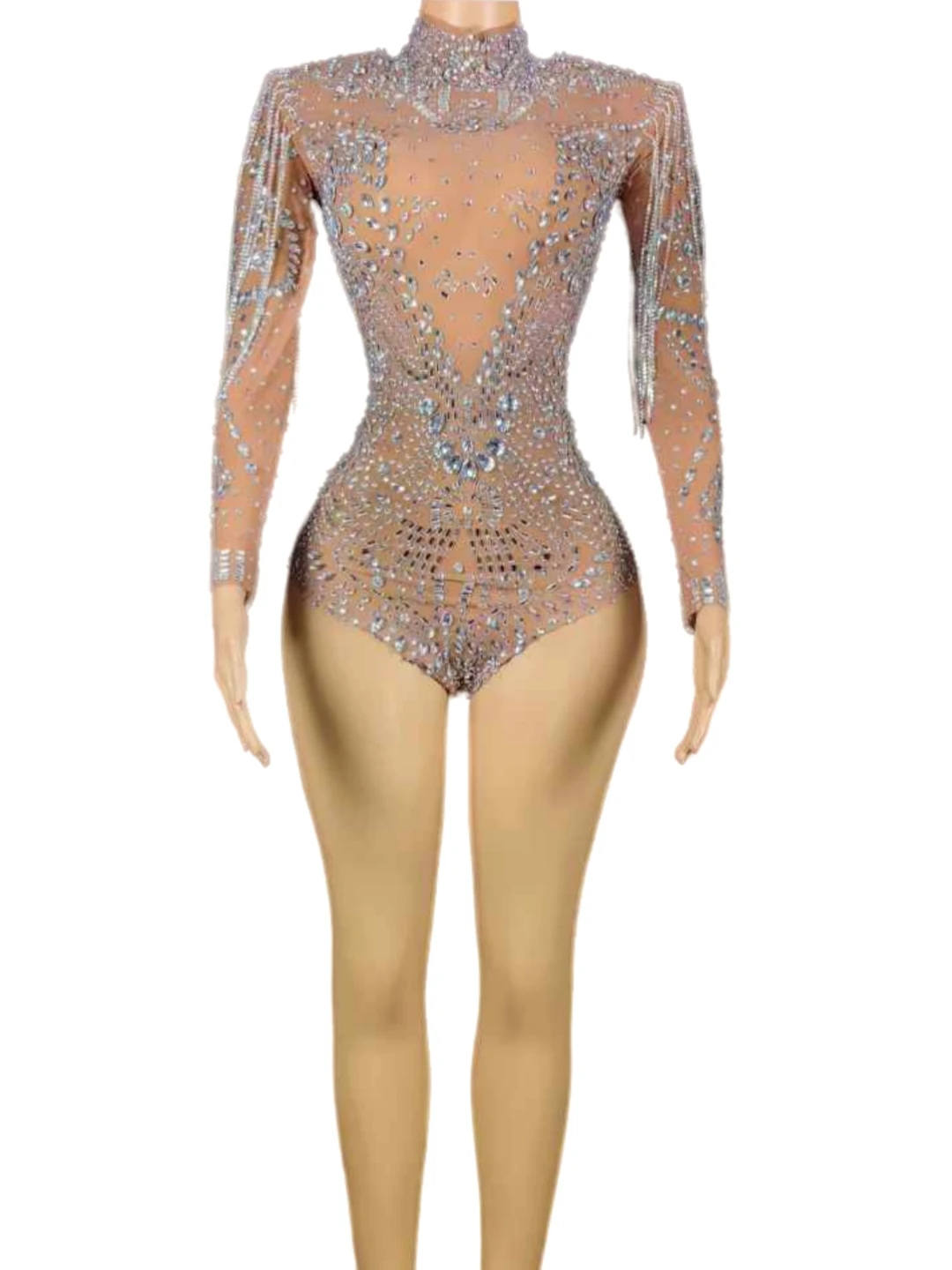 Luxury Shinning Rhinestone Bodysuits For Women Glitter Drill Chain Sheer Stretch Dance Costume Drag Queen Leotard