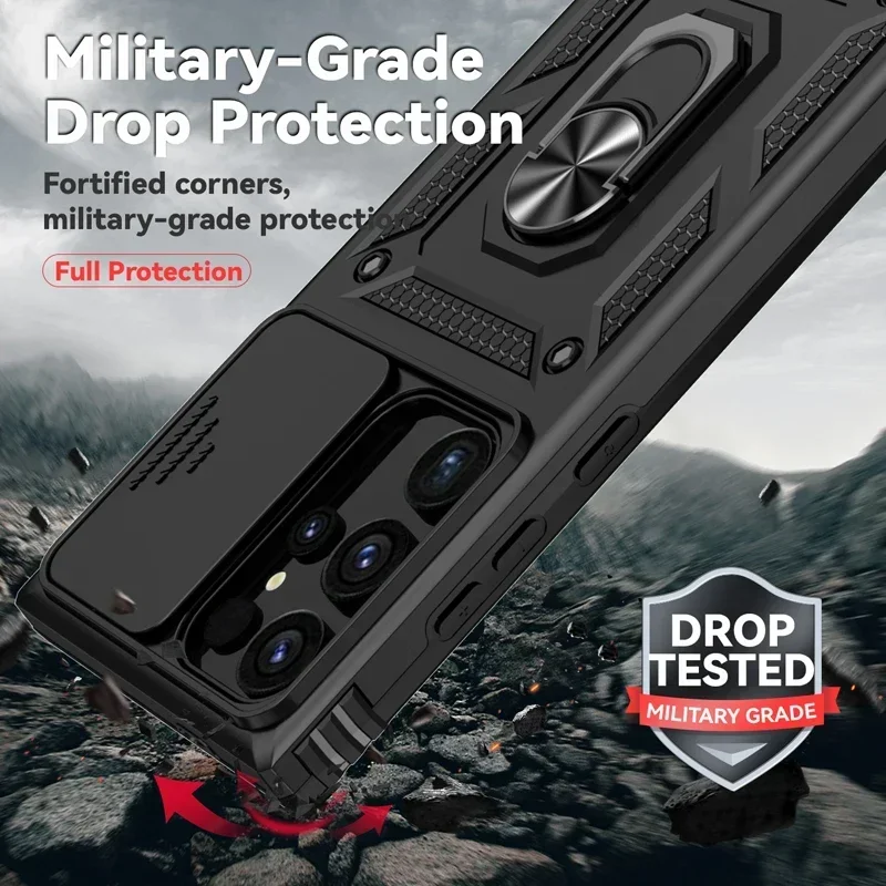 Stand Rotating Slide Camera Lens Military Grade Armor Case For Samsung S25 S24 S23 S22 S21 FE S20 Plus Note 20 Ultra M53 M33