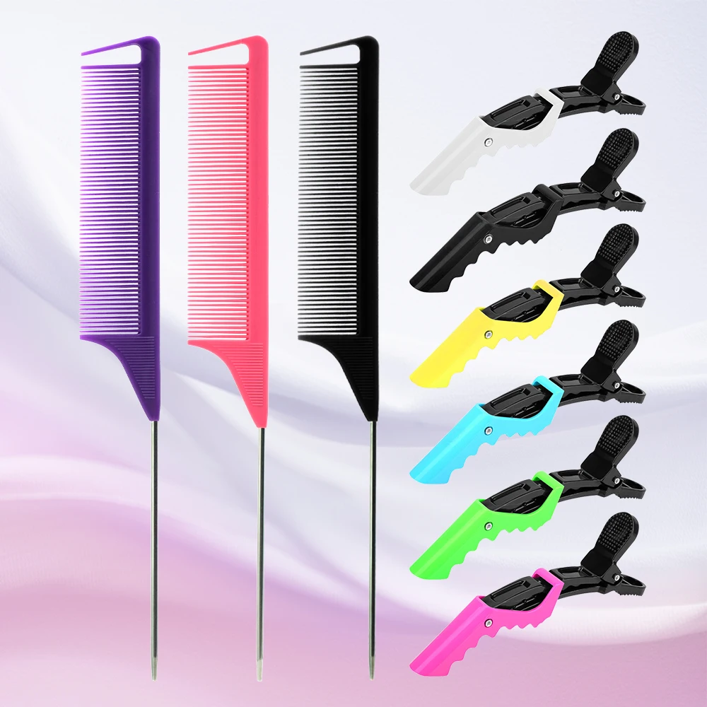 9Pc Alligator Clips Kapper Clips Stalen Naaldpunt Staart Kam Hittebestendige Anti-Statische Salon Professionele Haarstyling Tool