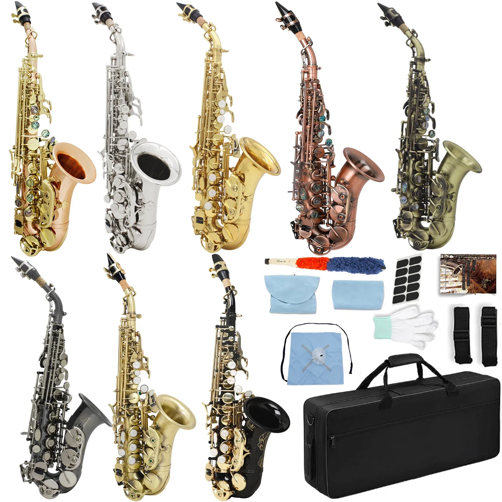 SLADE Student Soprano Saxophone Bb Flat Beginner Saxe Complete Set with Case Mouthpiece Strap Reed Various Colours Available