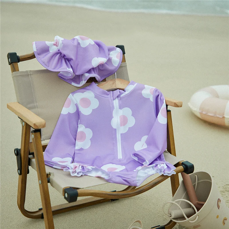 

Suefunskry Baby Girls Jumpsuit Swimsuit with Hat, Flower Print Long Sleeve Round Neck Front Zipper Ruffle Bathing Suit Swimwear