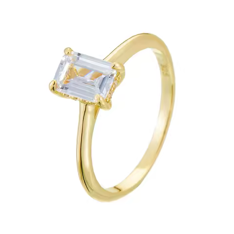 14K Gold Plated 925 Sterling Silver CZ Big Baguette Cut Diamond Zircon Ring for Wedding Women's Jewelry Accessory
