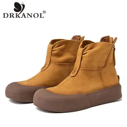 DRKANOL Fashion Women Boots Spring Autumn Flat Casual Shoes Ladies Genuine Cow Leather Back Zipper Soft Comfort Ankle Boots