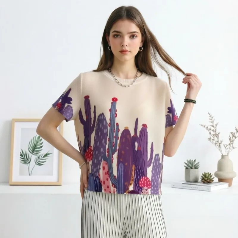  Pleated T-Shirt 2026 Summer New Cactus Print Fashion Commuter Casual Round Neck Top Women's Stretch Plus Size Clothing