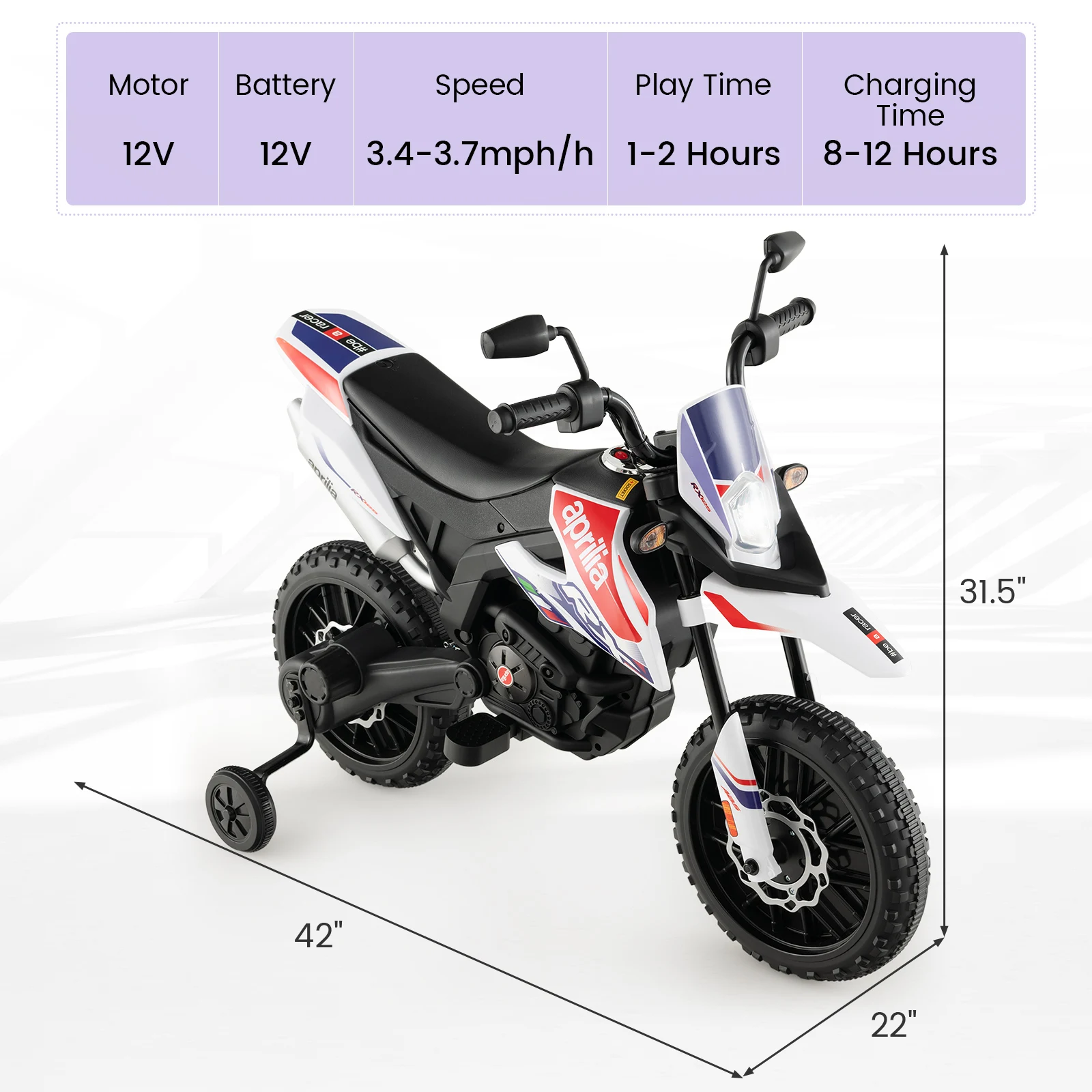 Motocicleta eléctrica con licencia Aprilia para niños, moto de cross con luz y música, 12V