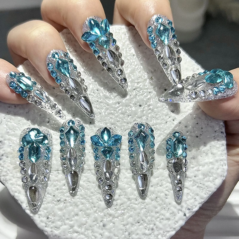 

10 Pieces Luxury Noble Handmade Press On Nails Full of Diamonds Super Sparkling Blue Under Sea Fake Nails