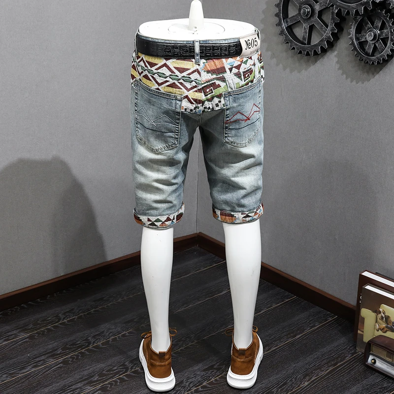 Personalized Embroidered Printed Denim Shorts Men's Summer Street Casual Retro Patch Handsome Slim-Fitting Stretch Beach Shorts