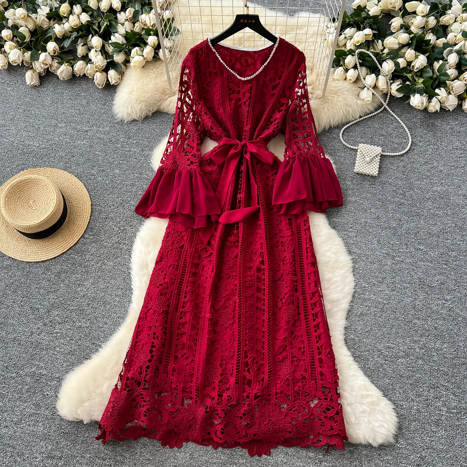 SuperAen Retro Hollowed-OUT โครเชต์ลูกไม้เอว Flared Sleeve Dress Big Swing Elegant Dress