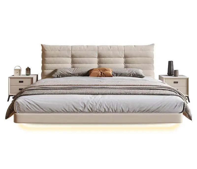 

#Modern Double Bed Hanging Lights Leather Upholstered Assembled Space Saving Soft Design Hotel Apartment Luxury Cream Style