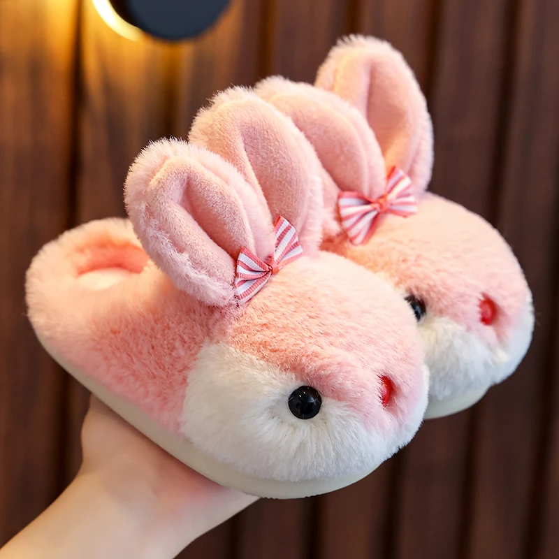 New Children\'s Plush Slippers Girls Autumn Winter Kids Slides Cute Rabbit Toe Wrap Indoor Home Floor Non-Slip Warm Cotton Shoes