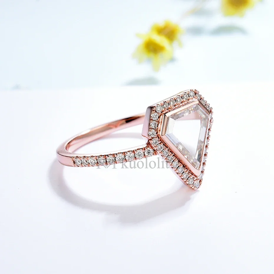 Kuololit Diamond Cut Portrait Moissanite Ring for Women Solid 585 14K Rose Gold Lozenge Bezel Ring for Engagement Christmas Gift