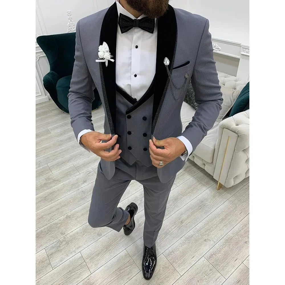 

New Gray Men Suit Wedding Party Formal Occasion Groom Groomsman Prom Business Male Tuxedos 3 Piece Set Jacket Vest Pants