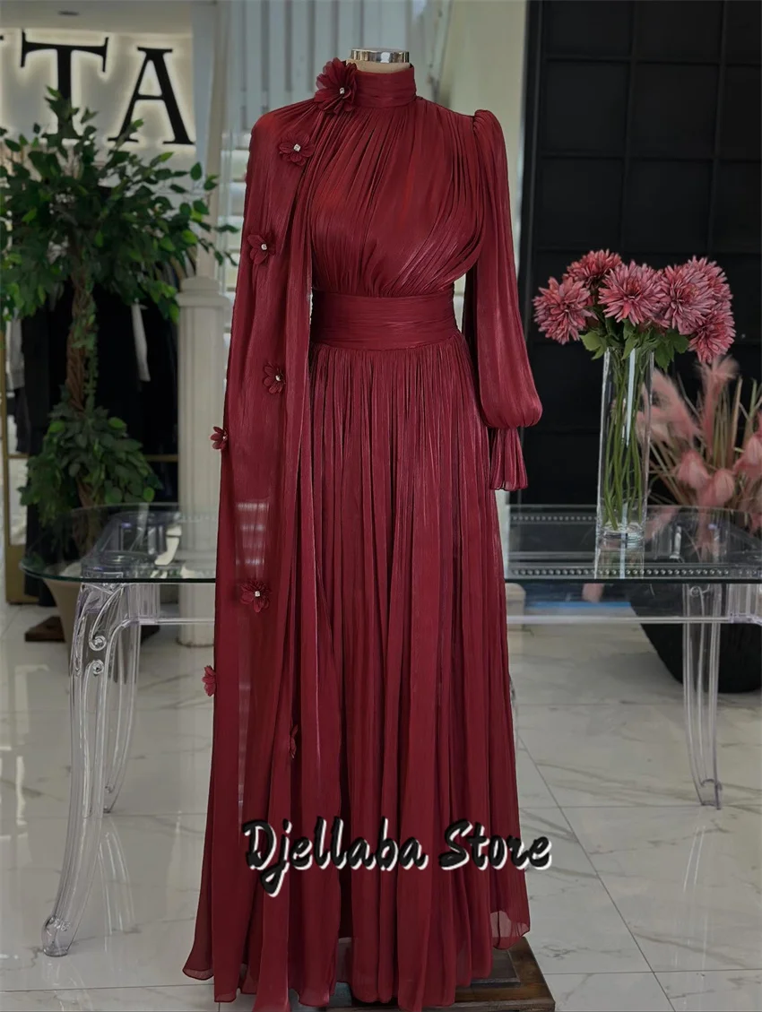 

Customized A-line Evening Dresses Floor-length High-Neck Full Sleeve Prom Gown Fashion Flowers Simple Draped Party Gown