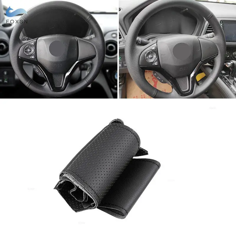 Braids on Steering Wheel For Honda Fit City Jazz 2014 2015 HR-V 2016 Vezel 2015-2017 XRV Car Steering Wheel Black Leather Cover