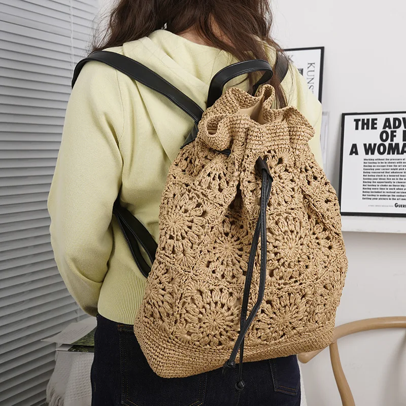 

New Women's Crochet Drawstring Backpack Handwoven Straw Bucket Bag Hollow Out Summer Beach Shoulder Bag For Travel