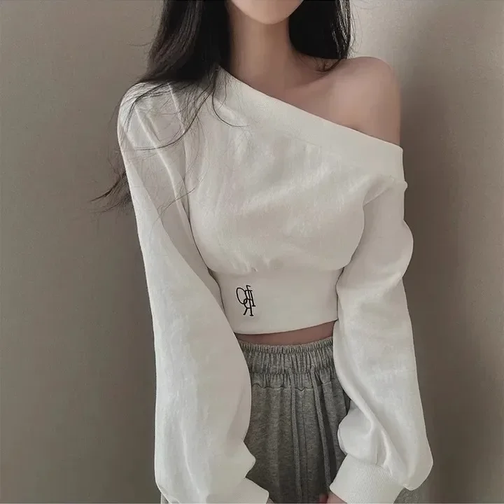 Women's Autumn Off-the-shoulder Sweatshirt Cropped Top Embroidery Loose-fit Windy Sweet Girl Hoodies Thin Material