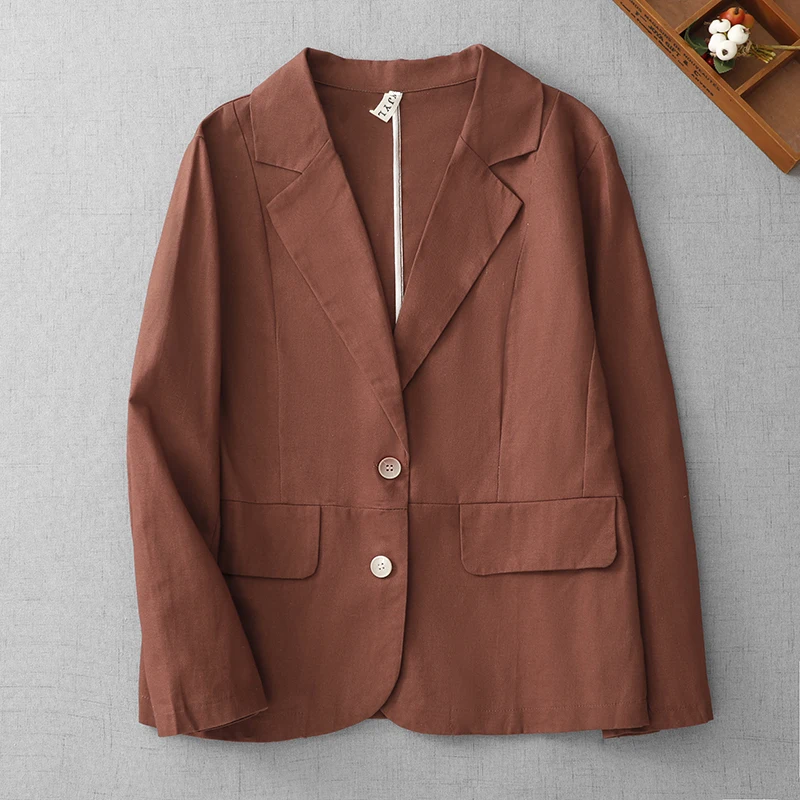 

Retro Japanese Sle Pure Color Linen Suit Jaet Women's Casual Commute Versatile Artistic Mid-Length Western Sle Top