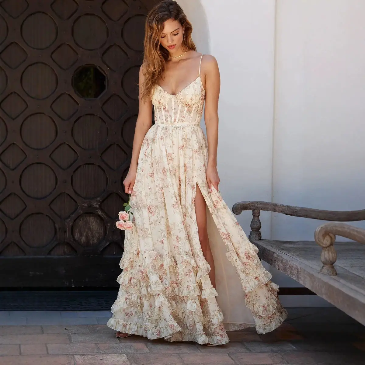 مثير الأزهار طباعة طويلة الدكتور عالية الخصر محطة مستقلة الساخن S المرأة الصيف ثوب الشيفون المواد Svel ثوب