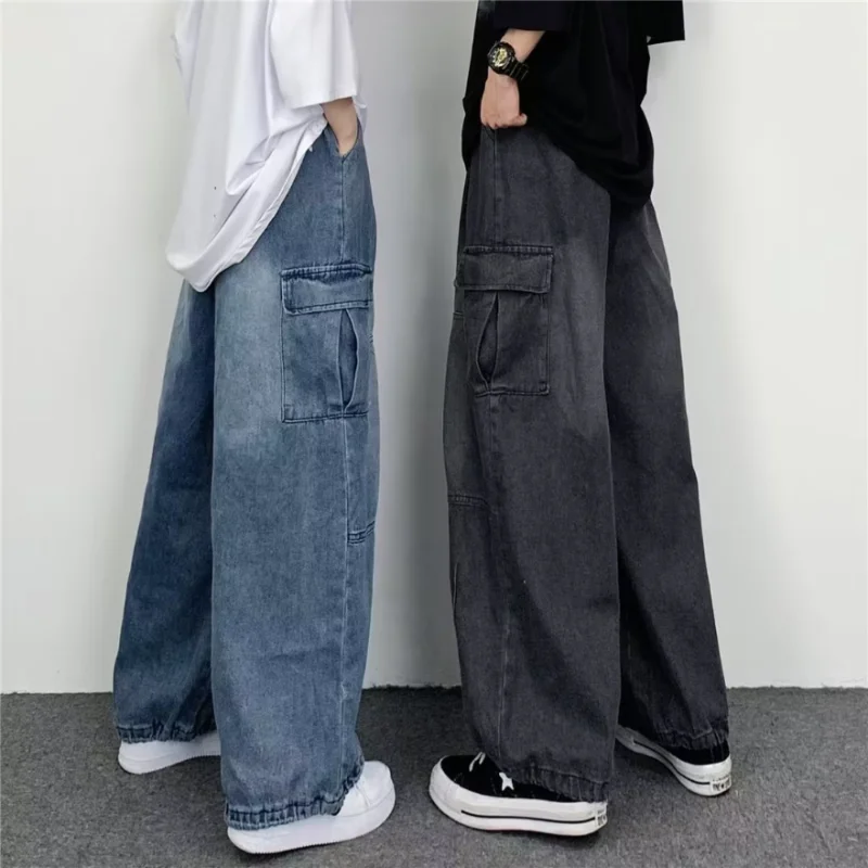 Japanese Retro Wide-leg Big Pocket Overalls Summer Men's Jeans New Fashion Brand Ins Loose Casual Straight Y2k Jeans Large Size